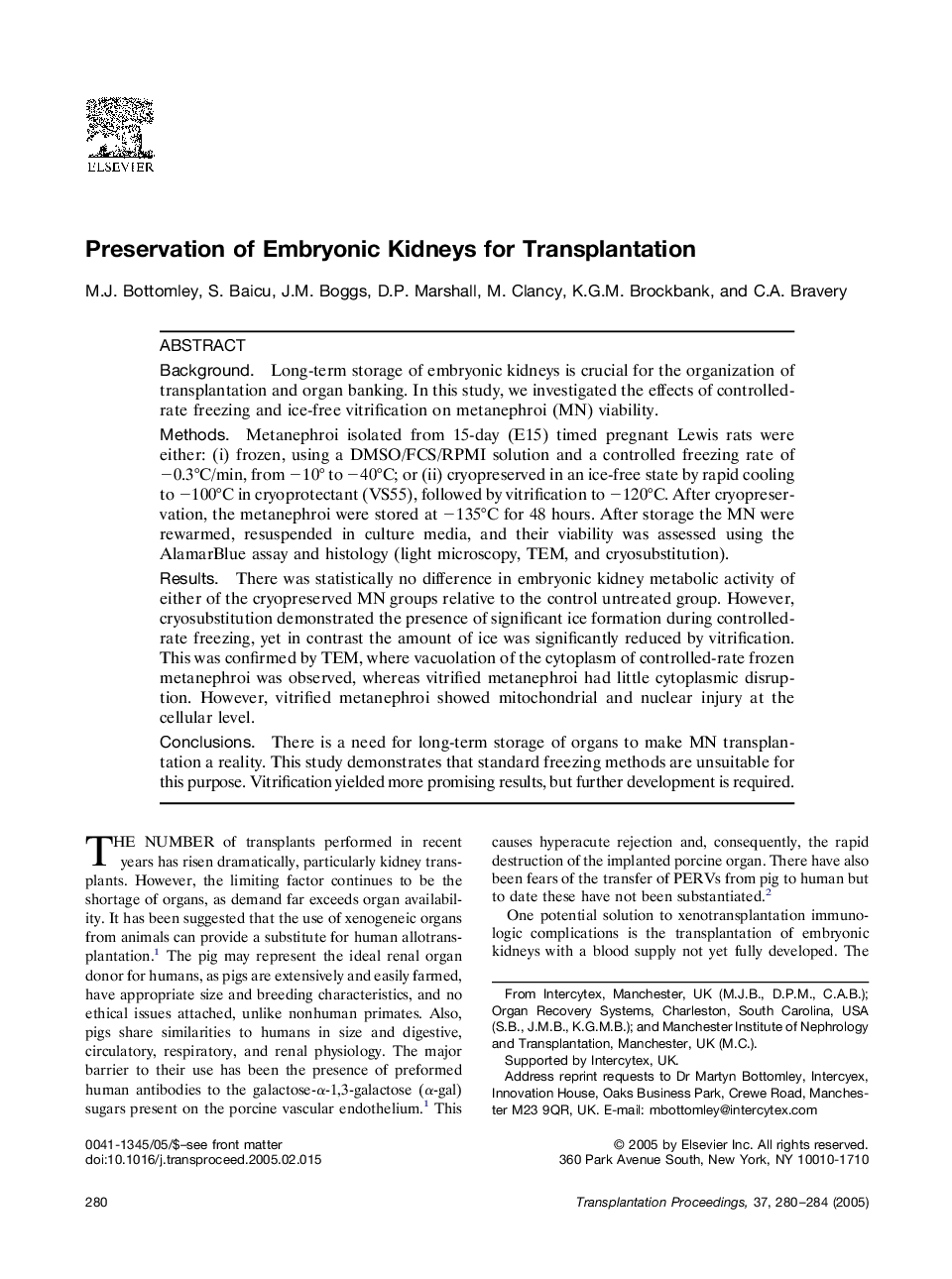 Preservation of embryonic kidneys for transplantation