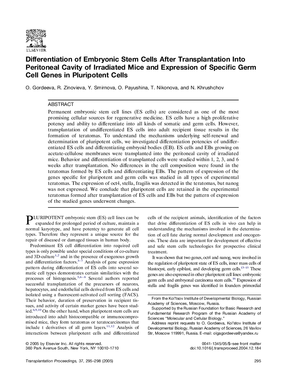 Differentiation of embryonic stem cells after transplantation into peritoneal cavity of irradiated mice and expression of specific germ cell genes in pluripotent cells