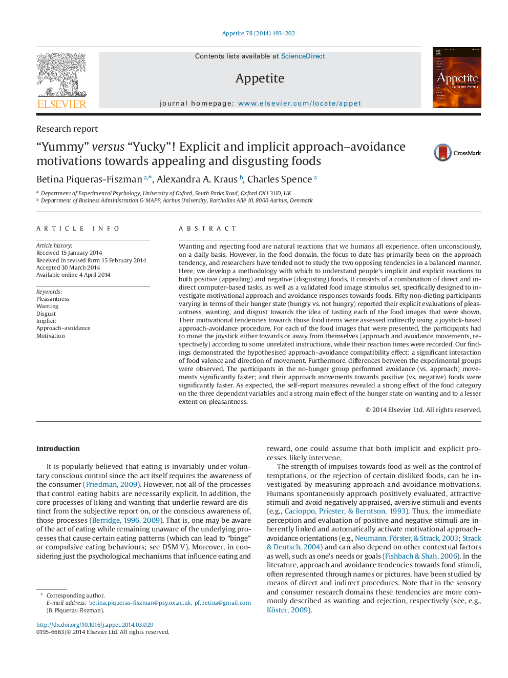 “Yummy” versus “Yucky”! Explicit and implicit approach–avoidance motivations towards appealing and disgusting foods