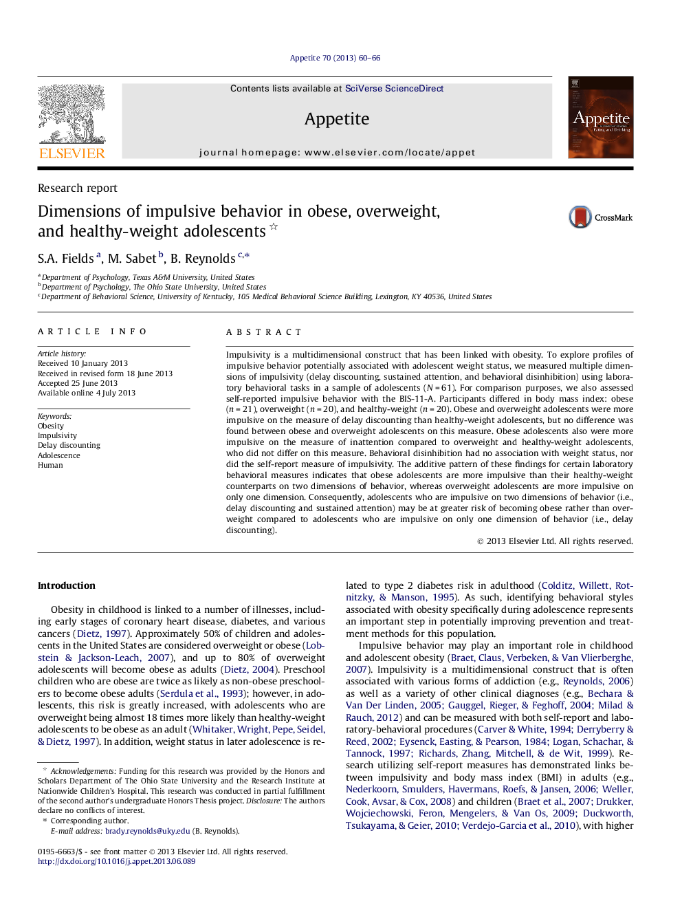 Dimensions of impulsive behavior in obese, overweight, and healthy-weight adolescents 