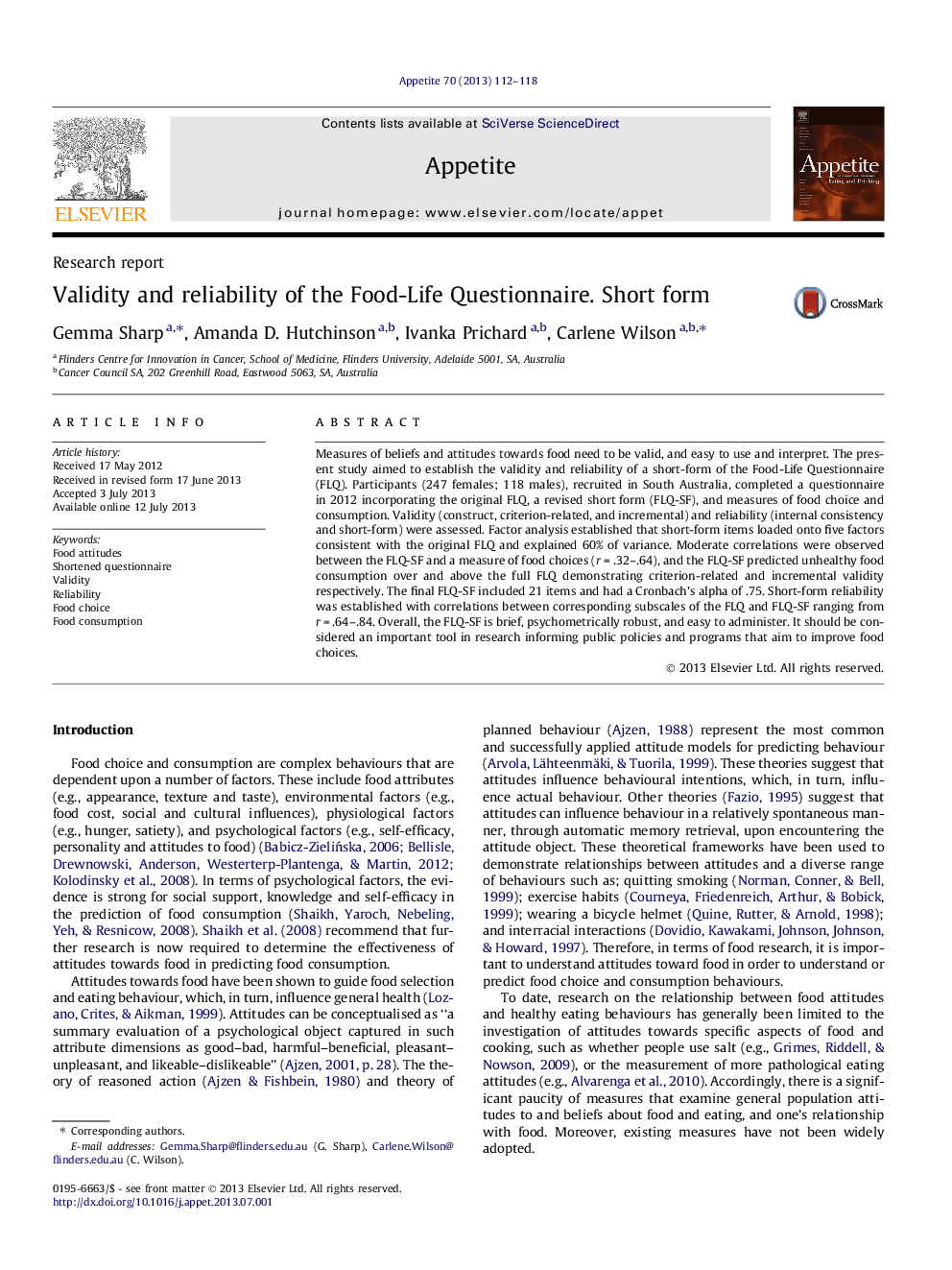 Validity and reliability of the Food-Life Questionnaire. Short form