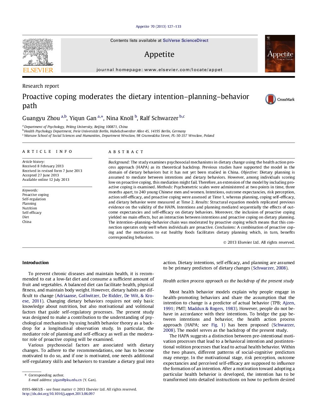 Proactive coping moderates the dietary intention–planning–behavior path