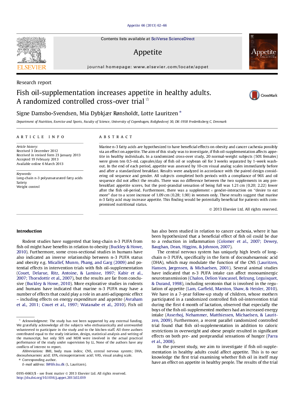 Fish oil-supplementation increases appetite in healthy adults. A randomized controlled cross-over trial 