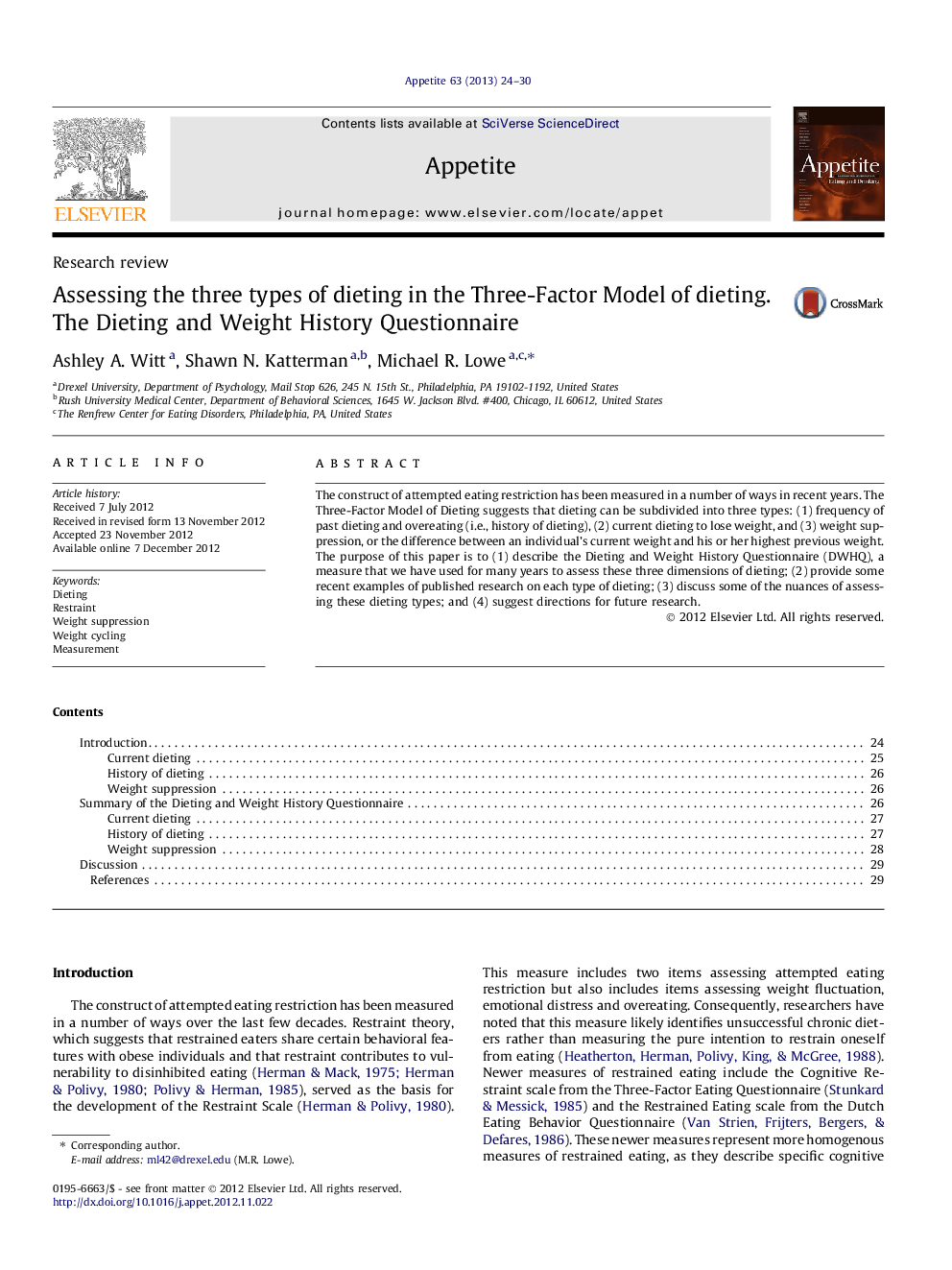 Assessing the three types of dieting in the Three-Factor Model of dieting. The Dieting and Weight History Questionnaire