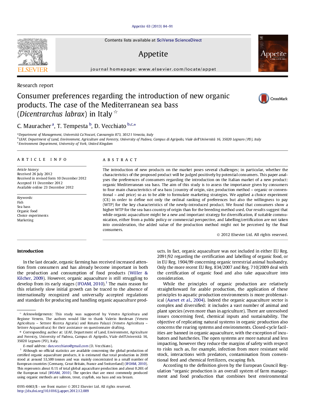 Consumer preferences regarding the introduction of new organic products. The case of the Mediterranean sea bass (Dicentrarchus labrax) in Italy 