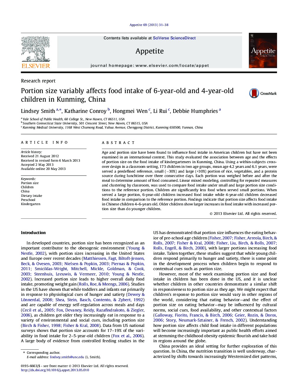 Portion size variably affects food intake of 6-year-old and 4-year-old children in Kunming, China