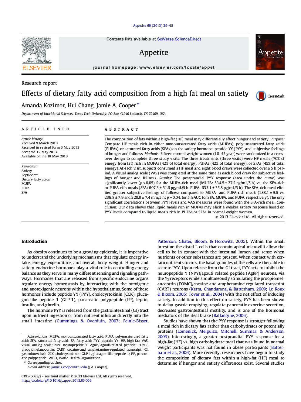 Effects of dietary fatty acid composition from a high fat meal on satiety