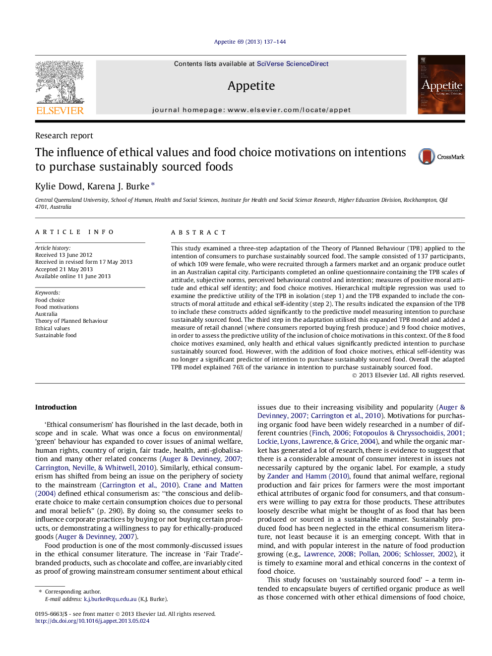 The influence of ethical values and food choice motivations on intentions to purchase sustainably sourced foods