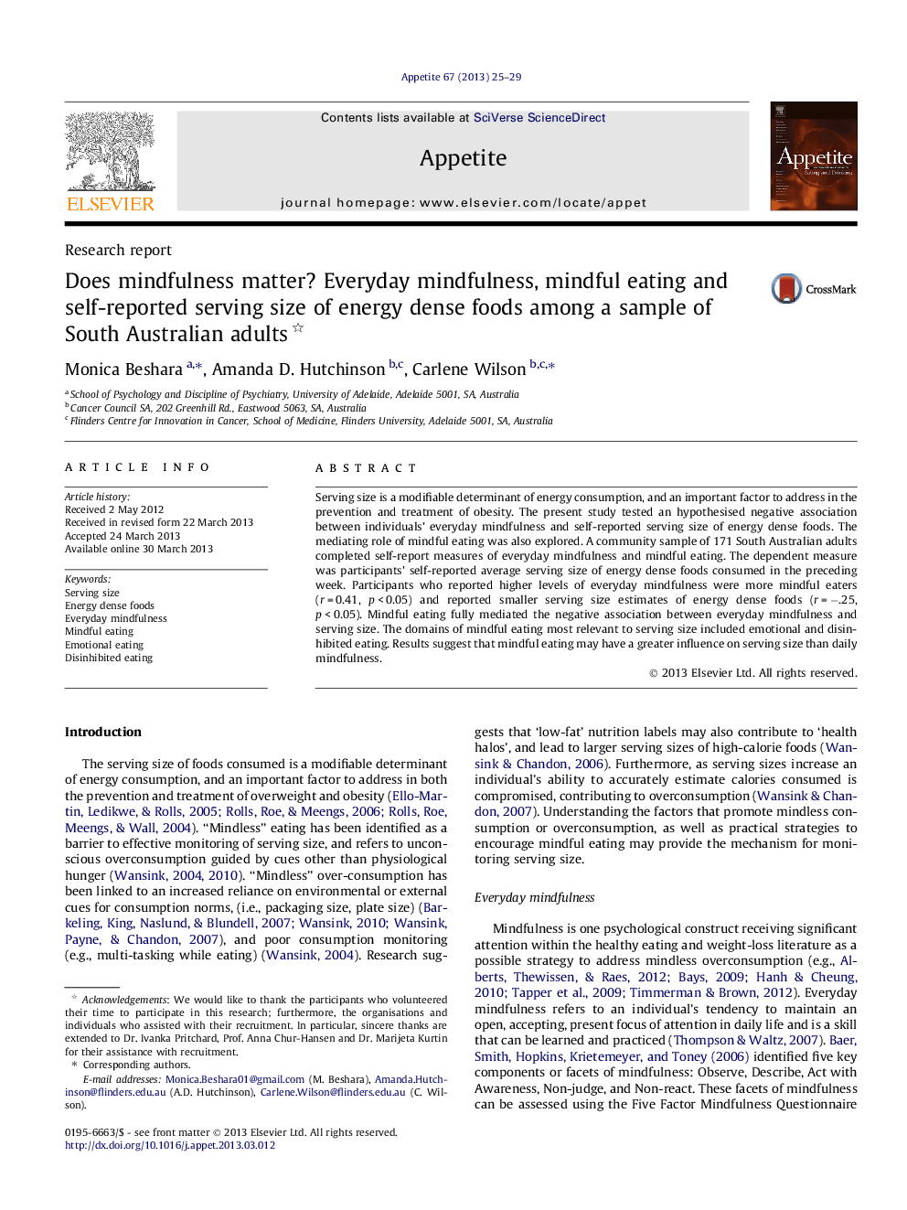 Does mindfulness matter? Everyday mindfulness, mindful eating and self-reported serving size of energy dense foods among a sample of South Australian adults 