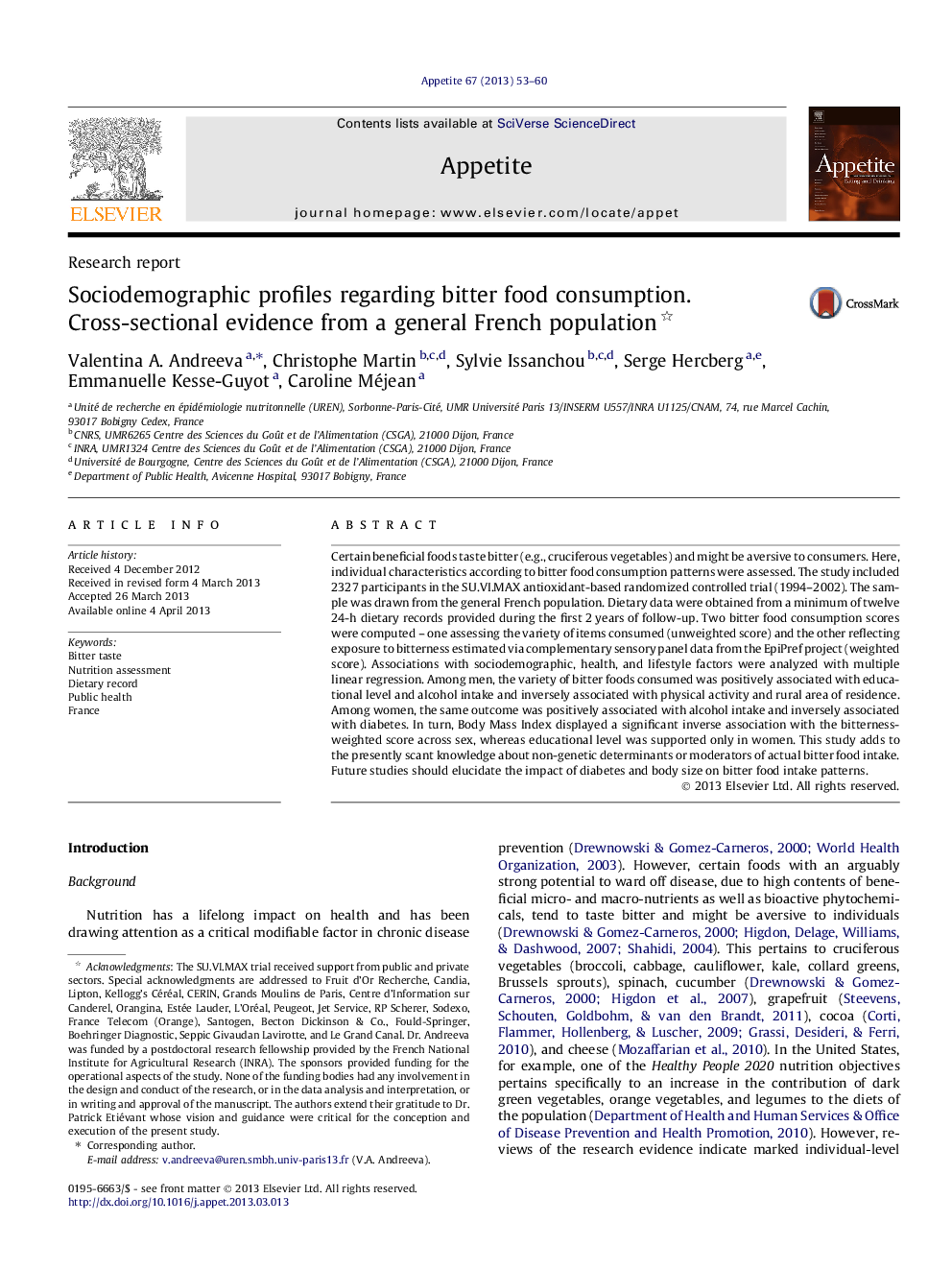 Sociodemographic profiles regarding bitter food consumption. Cross-sectional evidence from a general French population 