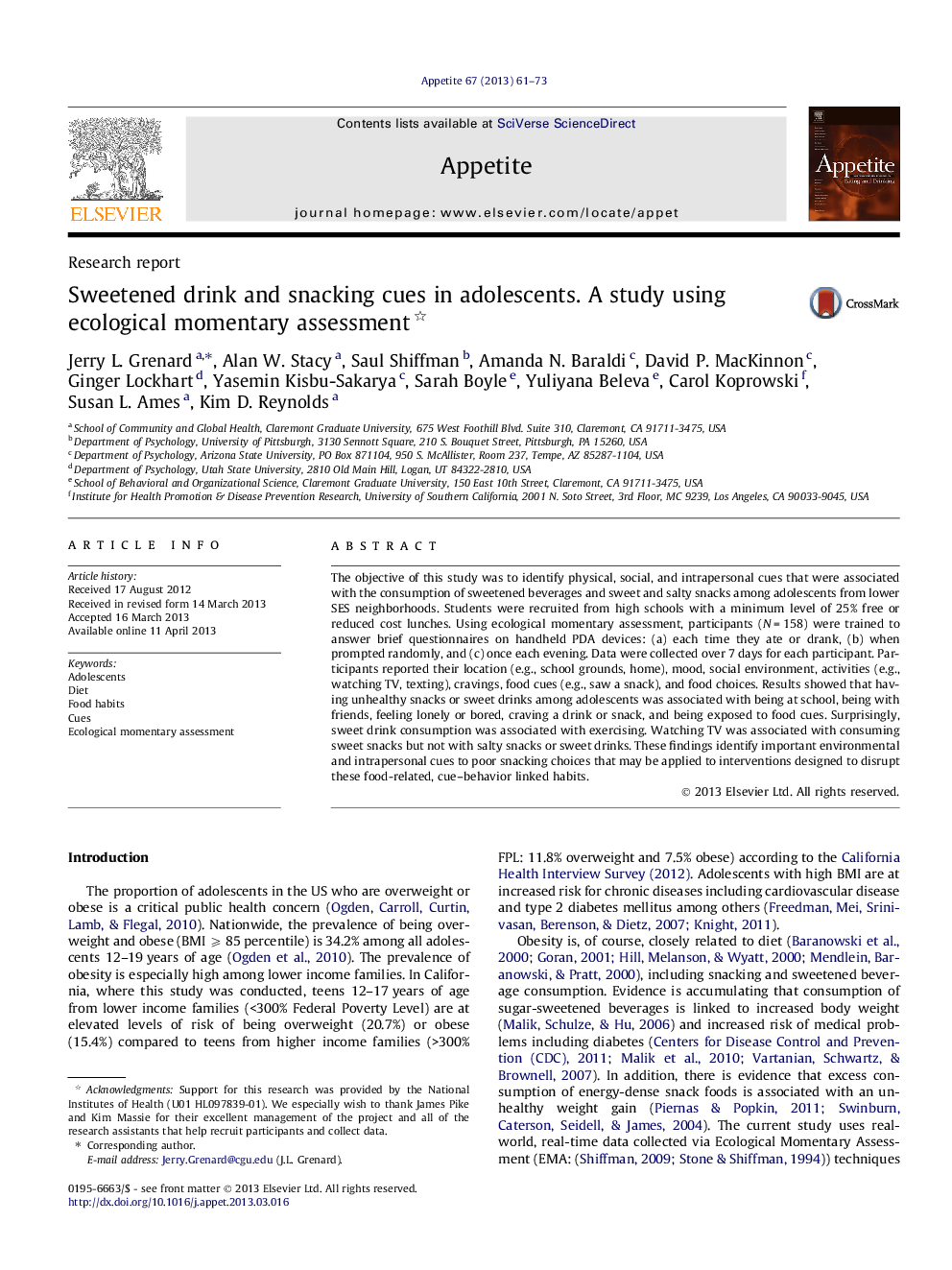 Sweetened drink and snacking cues in adolescents. A study using ecological momentary assessment 