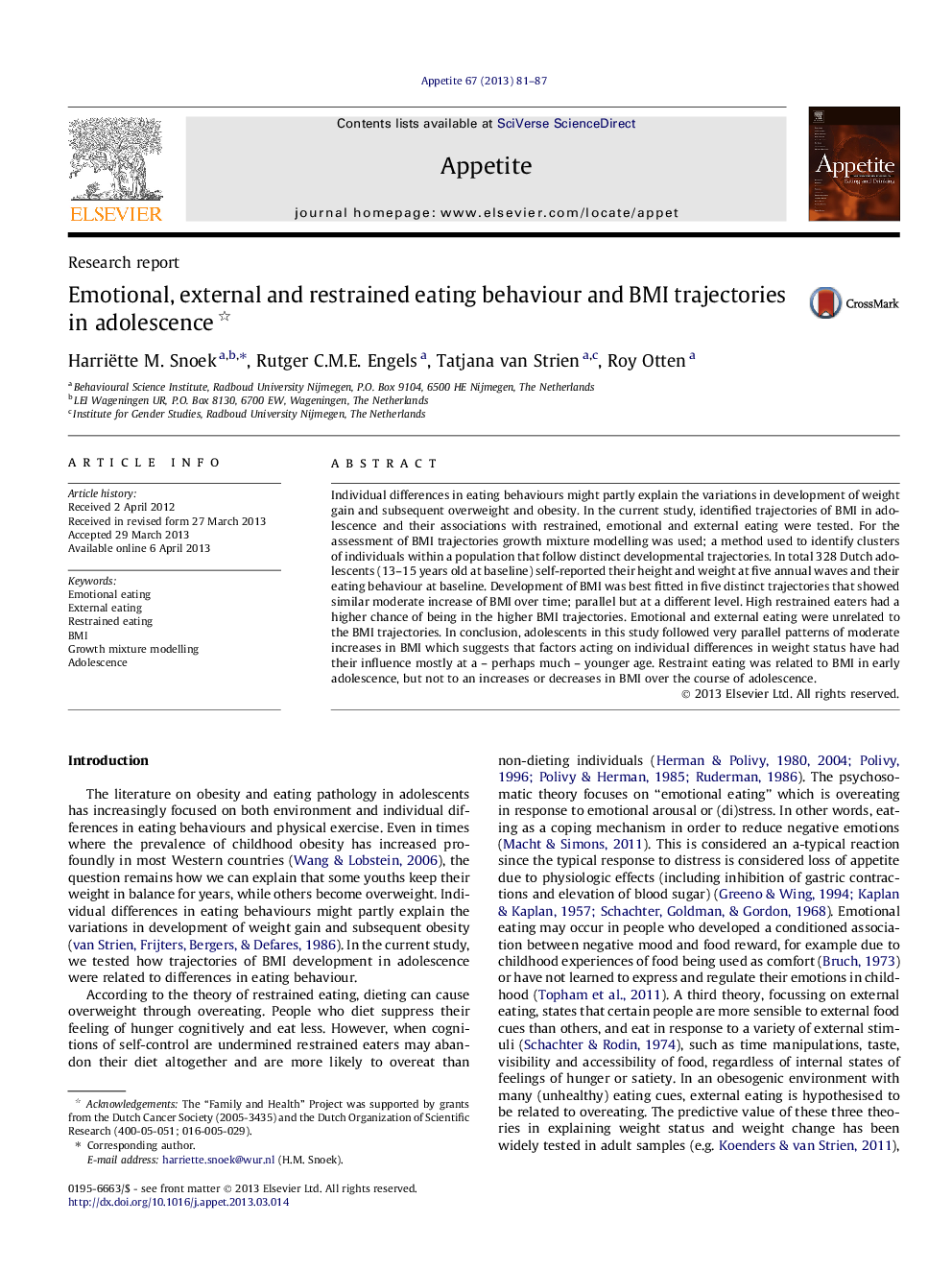 Emotional, external and restrained eating behaviour and BMI trajectories in adolescence 