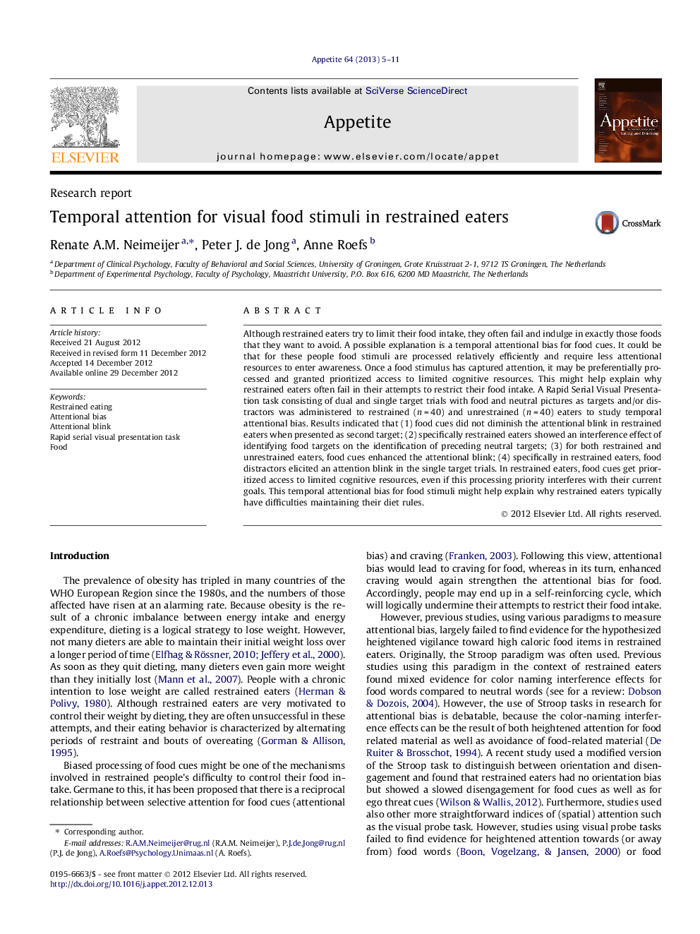 Temporal attention for visual food stimuli in restrained eaters