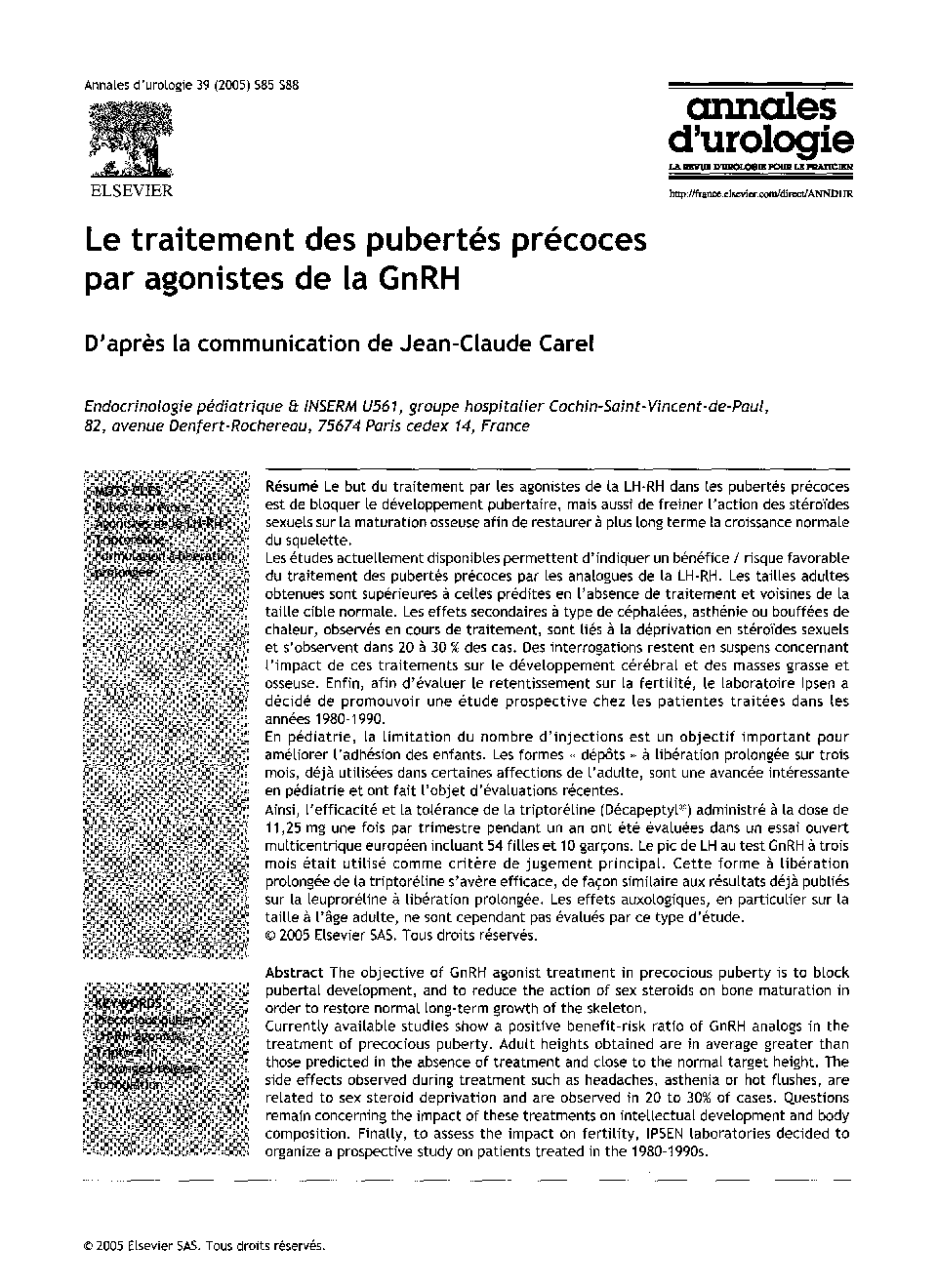 Le traitement des pubertés précoces par agonistes de la GnRH