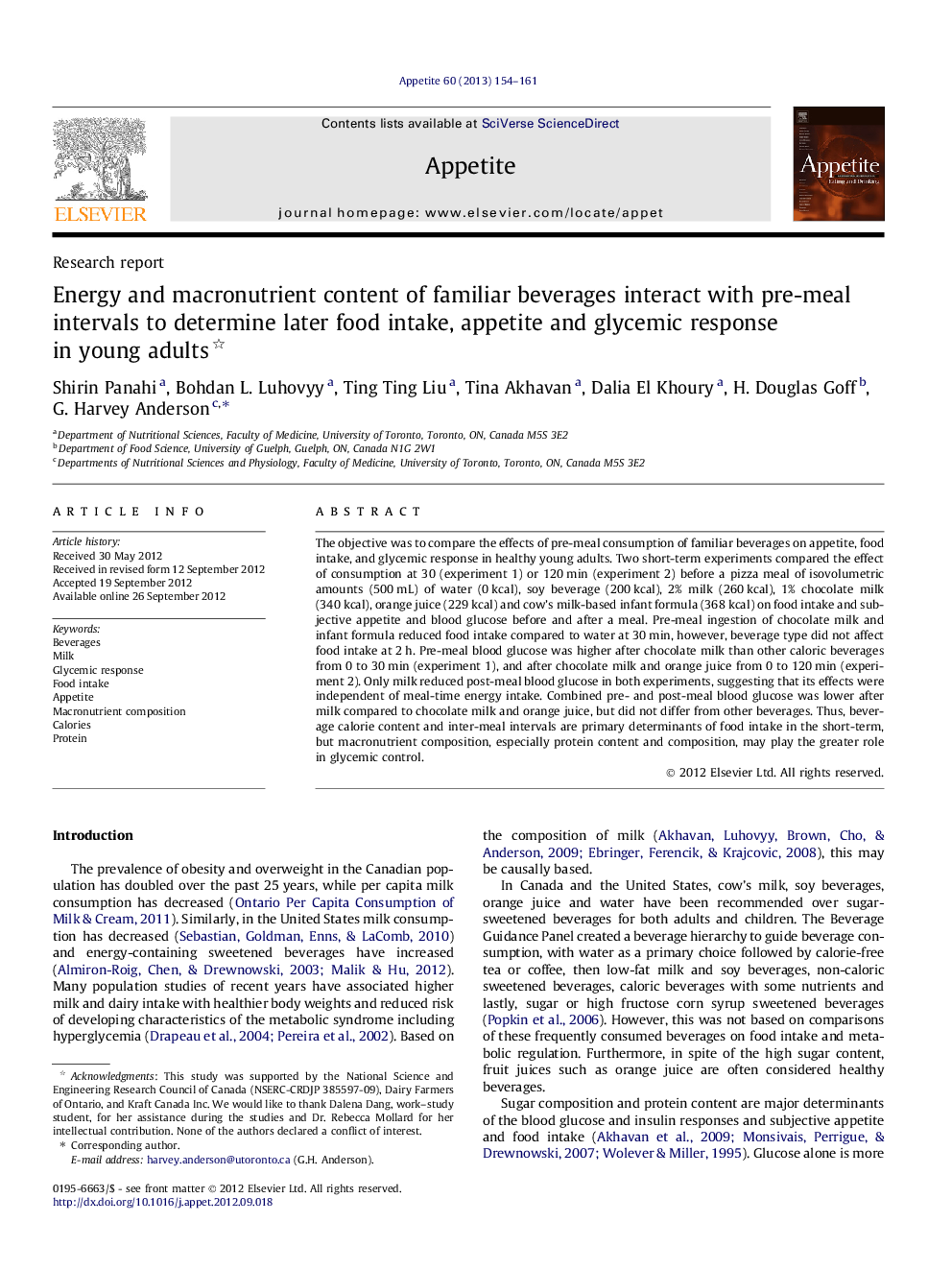 Energy and macronutrient content of familiar beverages interact with pre-meal intervals to determine later food intake, appetite and glycemic response in young adults 