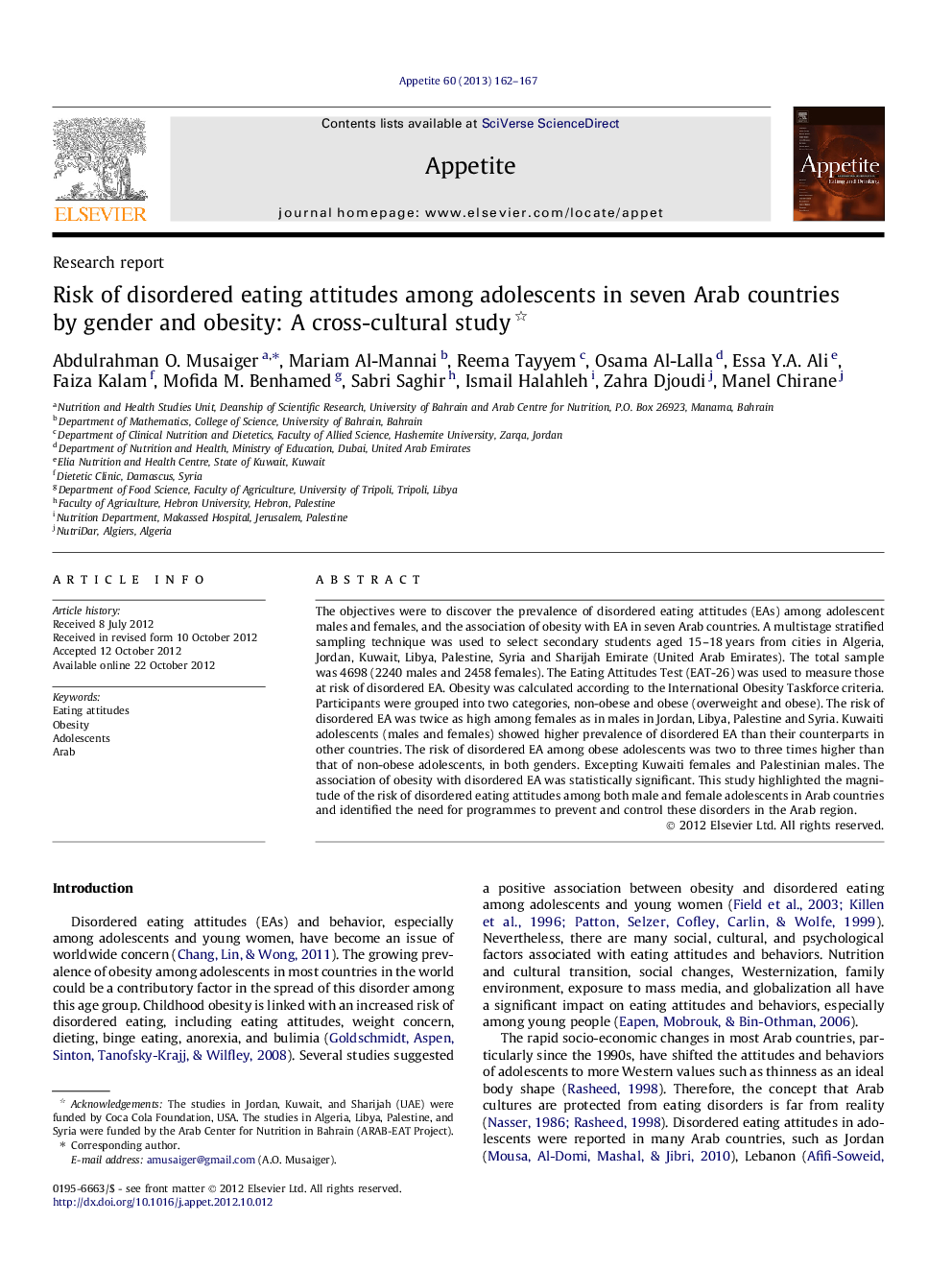 Risk of disordered eating attitudes among adolescents in seven Arab countries by gender and obesity: A cross-cultural study 