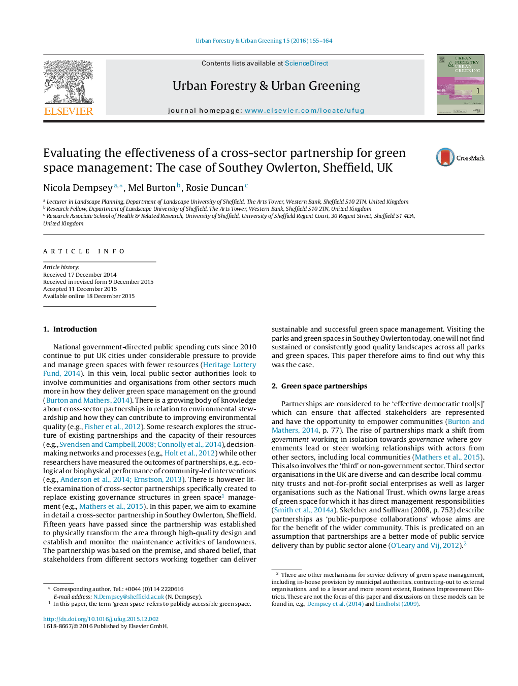 Evaluating the effectiveness of a cross-sector partnership for green space management: The case of Southey Owlerton, Sheffield, UK