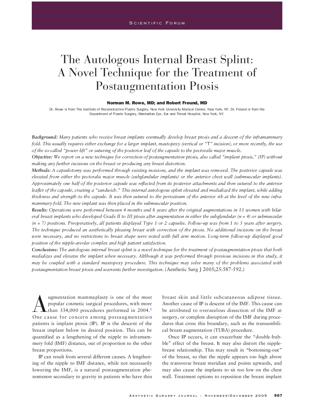 The autologous internal breast splint: A novel technique for the treatment of postaugmentation ptosis