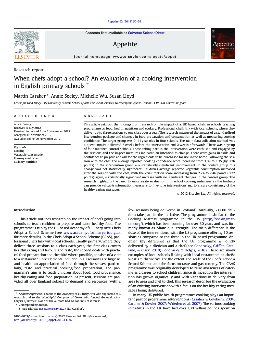 When chefs adopt a school? An evaluation of a cooking intervention in English primary schools 