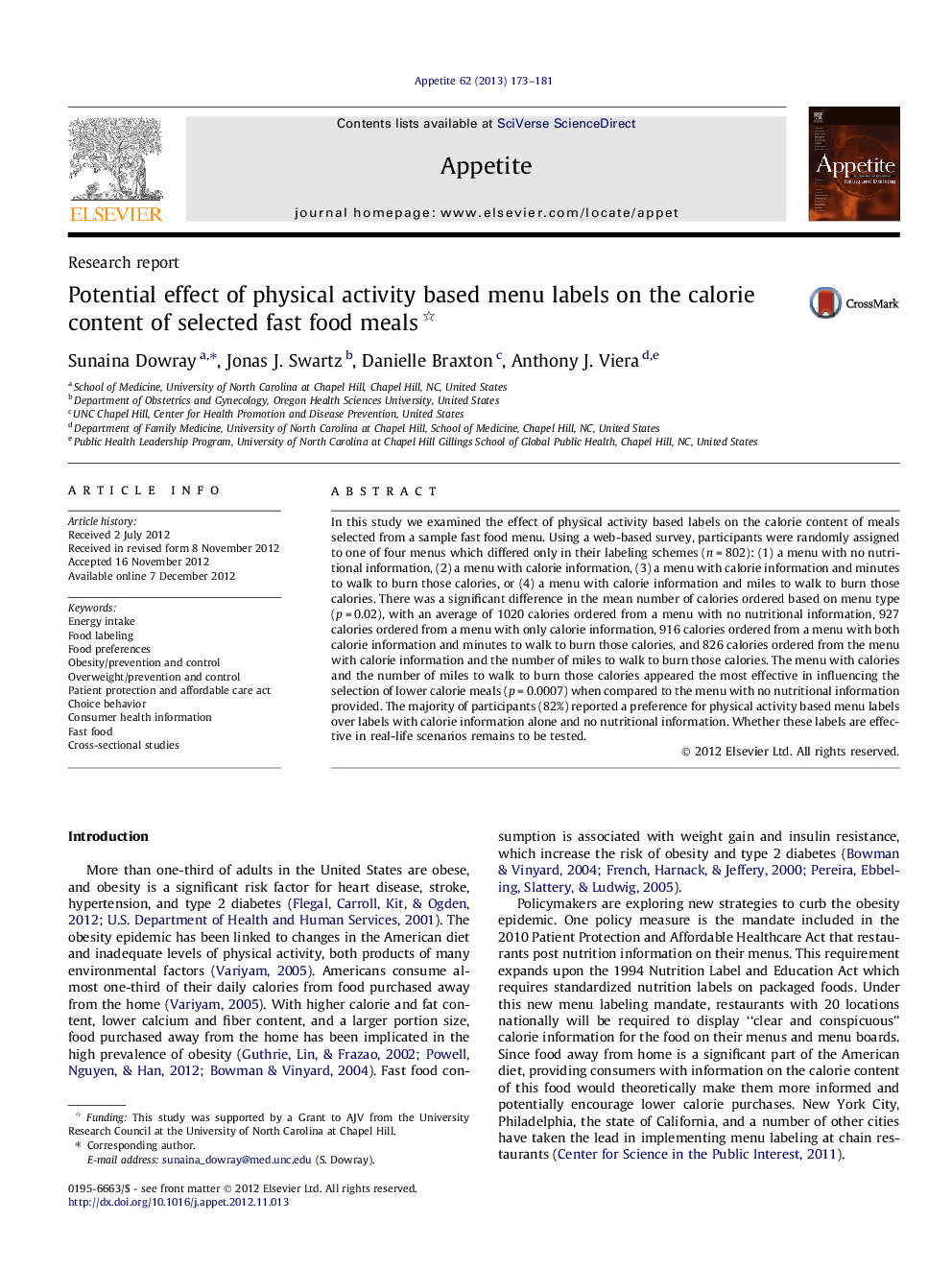 Potential effect of physical activity based menu labels on the calorie content of selected fast food meals 