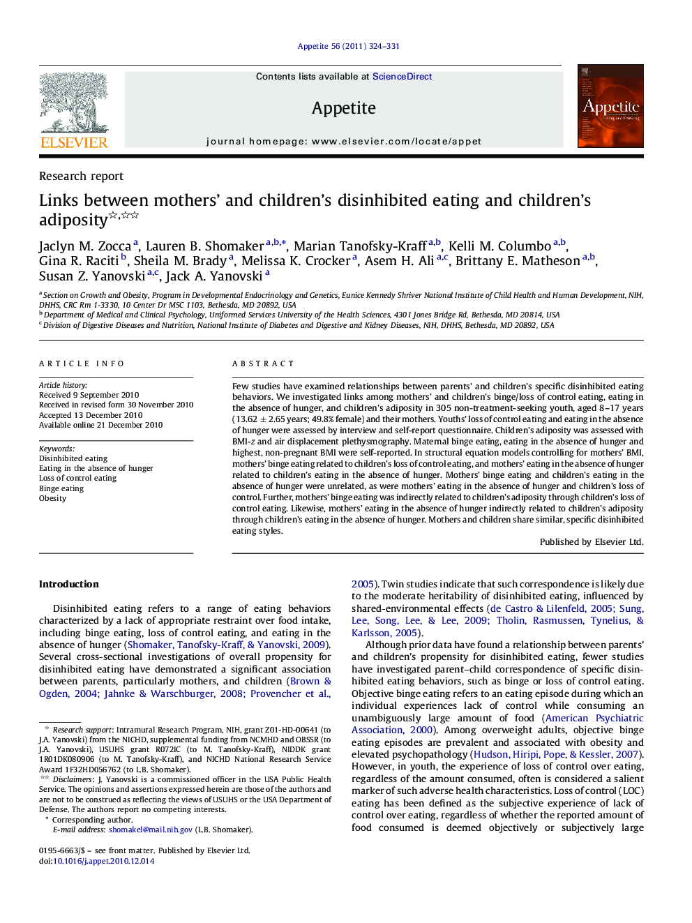 Links between mothers’ and children's disinhibited eating and children's adiposity 