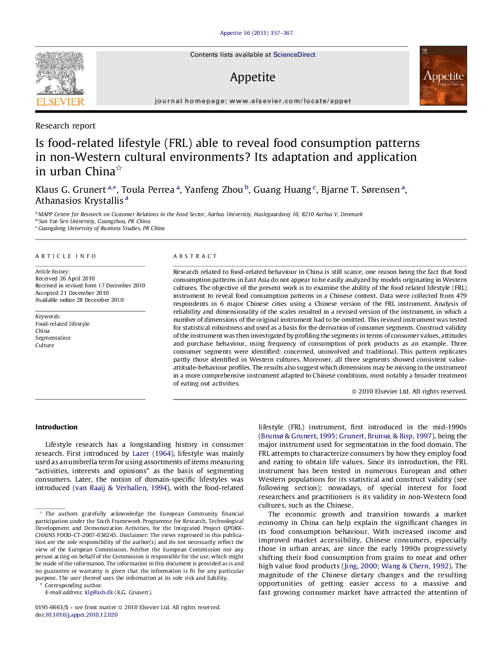 Is food-related lifestyle (FRL) able to reveal food consumption patterns in non-Western cultural environments? Its adaptation and application in urban China 