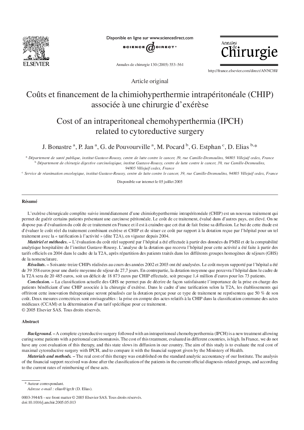 CoÃ»ts et financement de la chimiohyperthermie intrapéritonéale (CHIP) associée Ã  une chirurgie d'exérÃ¨se