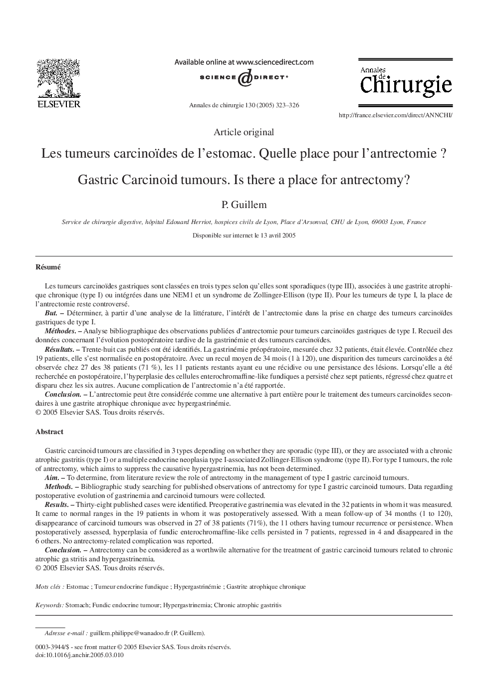 Les tumeurs carcinoïdes de l'estomac. Quelle place pour l'antrectomie ?