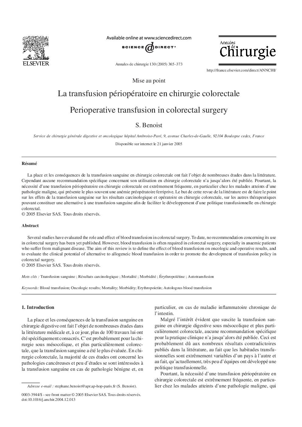 La transfusion périopératoire en chirurgie colorectale