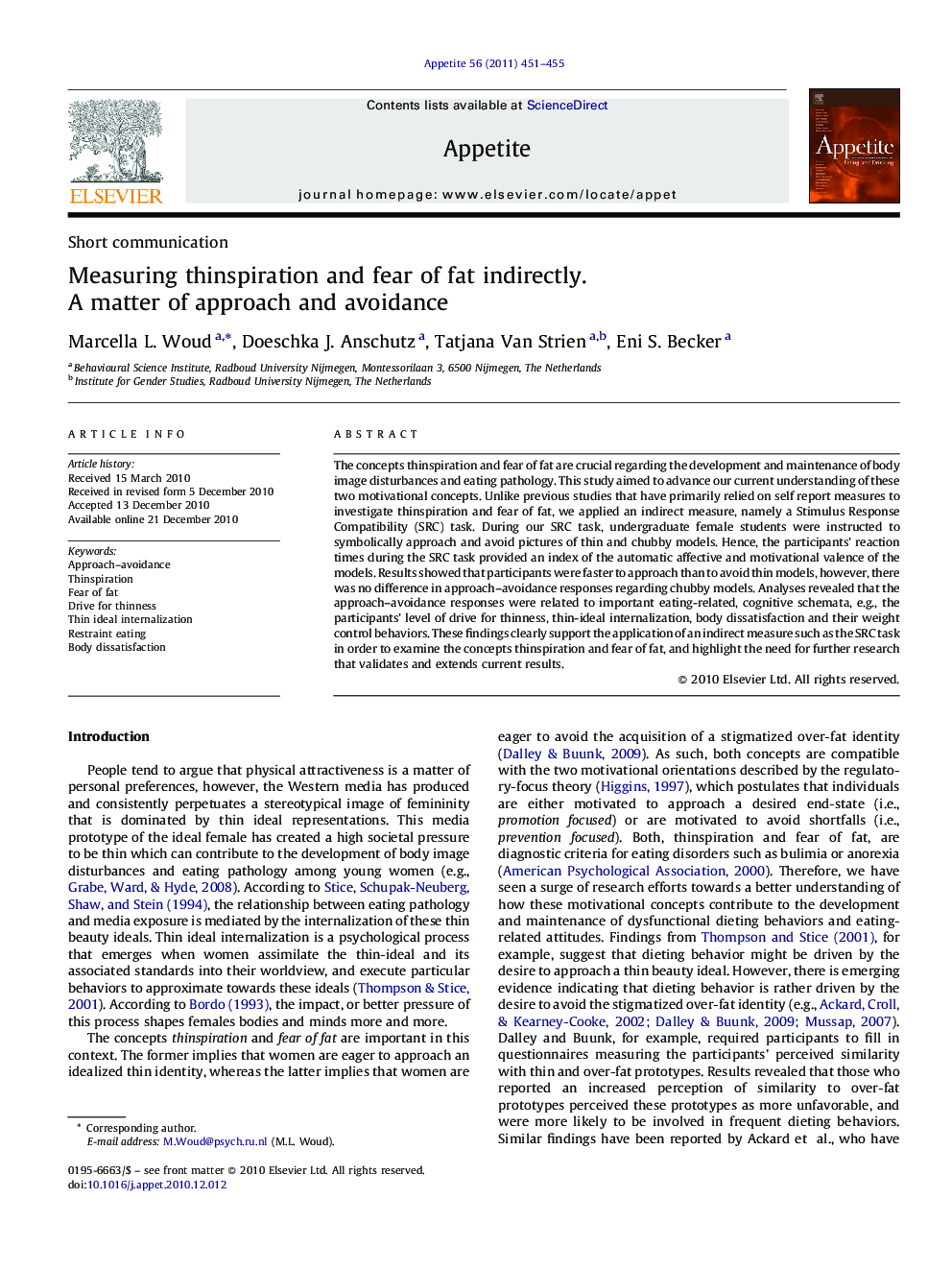 عکس صفحه اول مقاله: Measuring thinspiration and fear of fat indirectly. A matter of approach and avoidance Measuring thinspiration and fear of fat indirectly. A matter of approach and avoidance