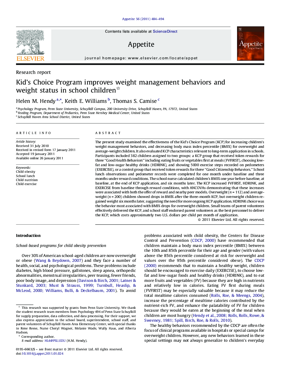 Kid's Choice Program improves weight management behaviors and weight status in school children 