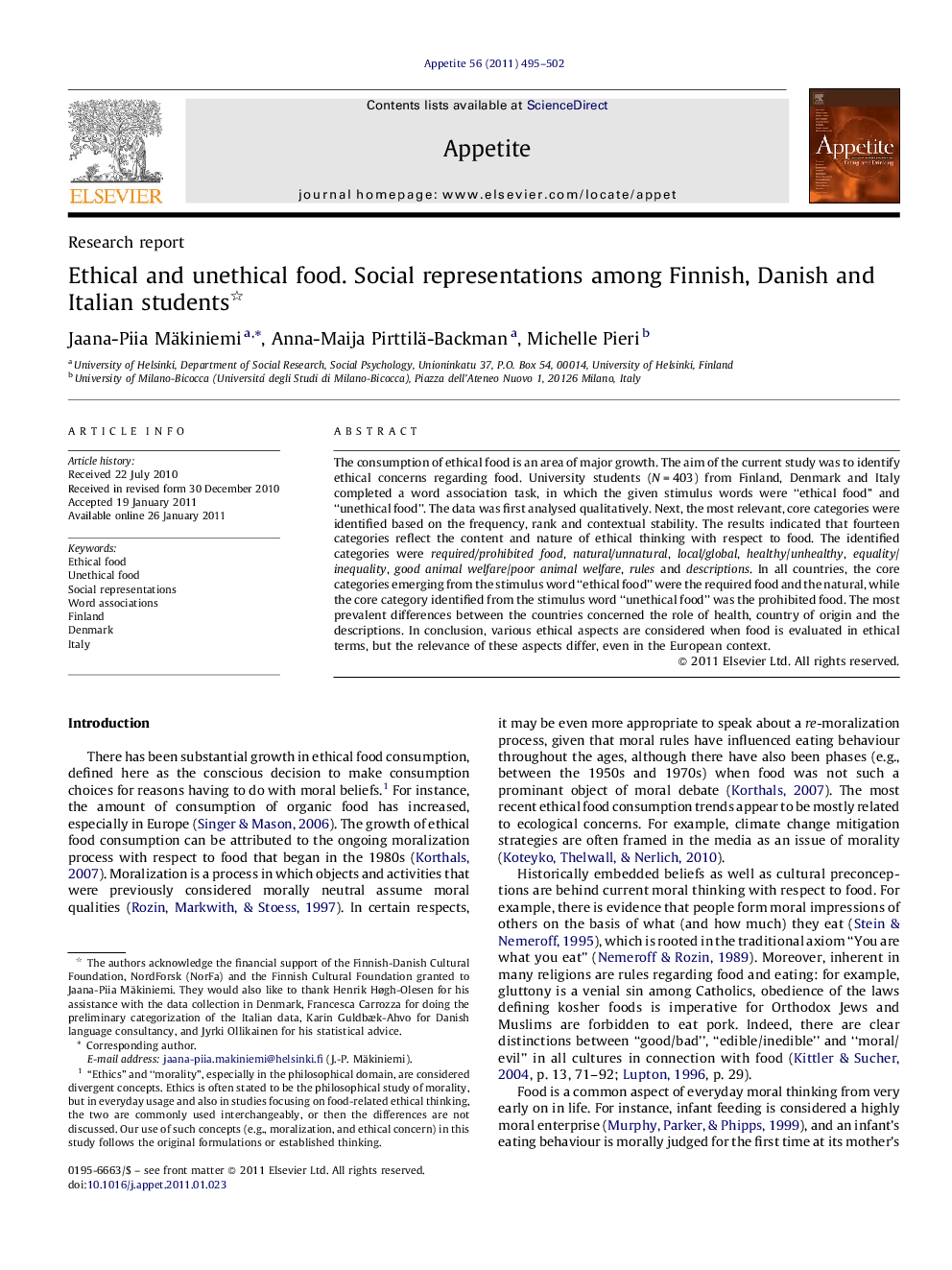 عکس صفحه اول مقاله: Ethical and unethical food. Social representations among Finnish, Danish and Italian students Ethical and unethical food. Social representations among Finnish, Danish and Italian students