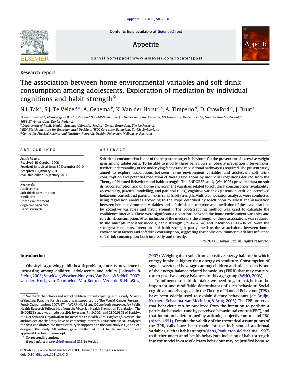 The association between home environmental variables and soft drink consumption among adolescents. Exploration of mediation by individual cognitions and habit strength 