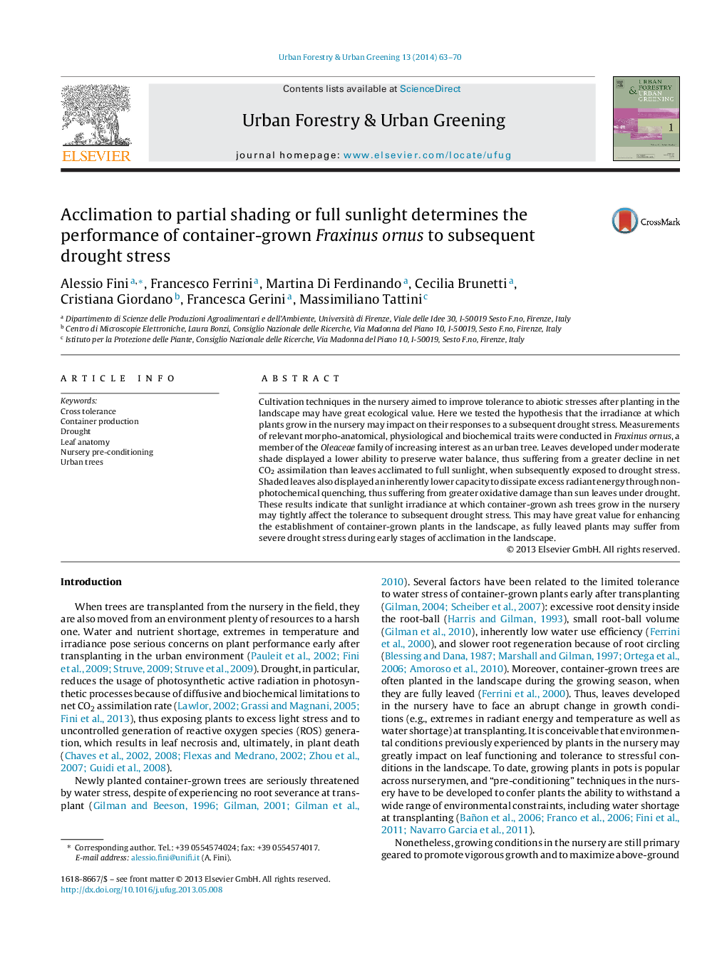 Acclimation to partial shading or full sunlight determines the performance of container-grown Fraxinus ornus to subsequent drought stress