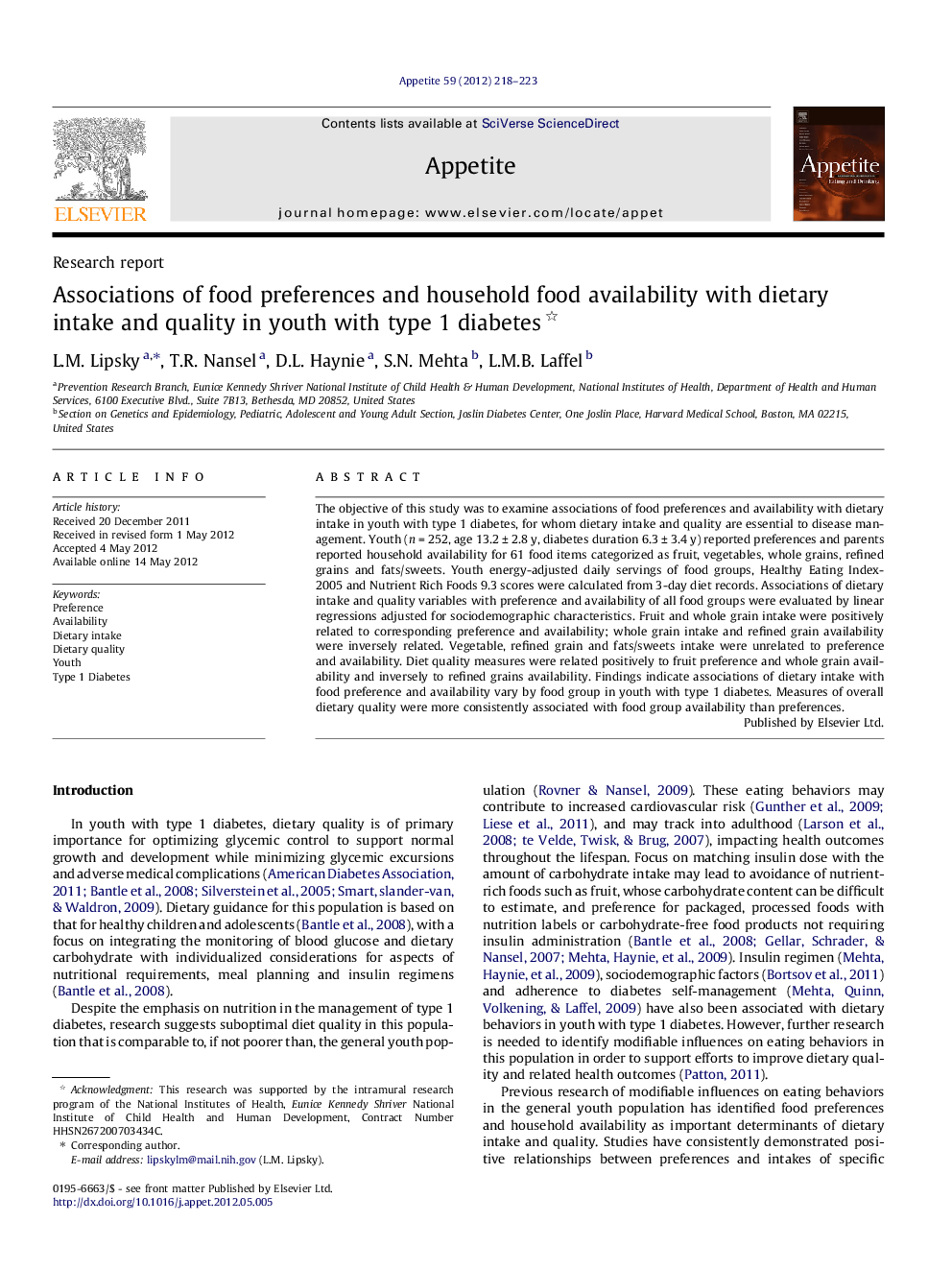 Associations of food preferences and household food availability with dietary intake and quality in youth with type 1 diabetes 