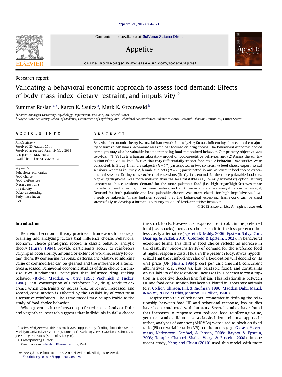 Validating a behavioral economic approach to assess food demand: Effects of body mass index, dietary restraint, and impulsivity 