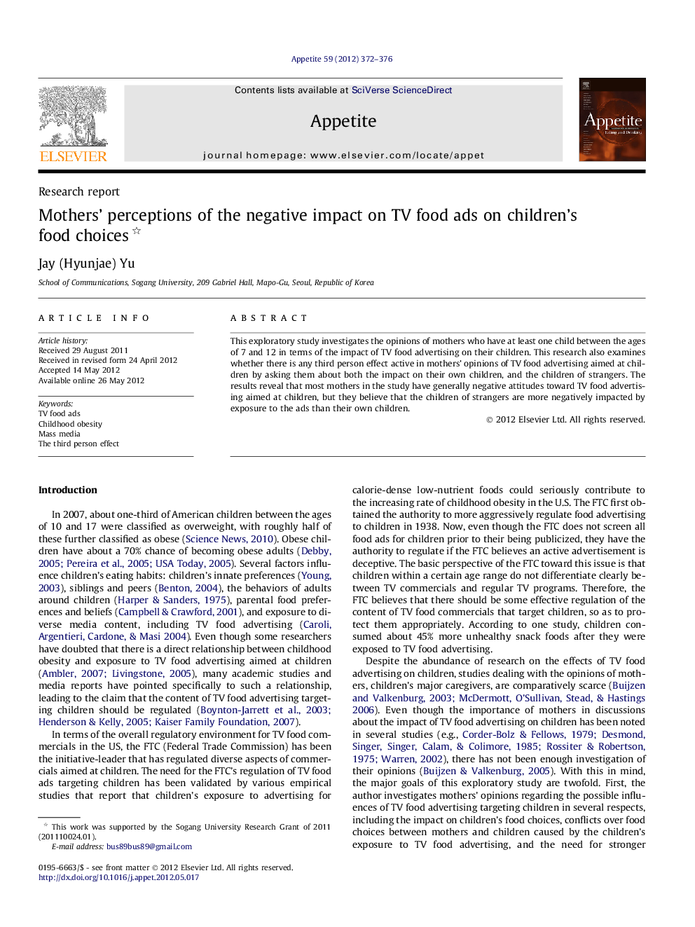 عکس صفحه اول مقاله: Mothers’ perceptions of the negative impact on TV food ads on children’s food choices Mothers’ perceptions of the negative impact on TV food ads on children’s food choices
