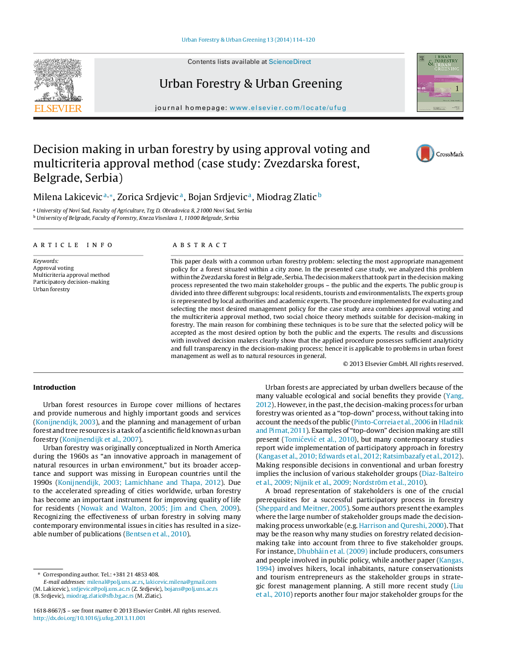 Decision making in urban forestry by using approval voting and multicriteria approval method (case study: Zvezdarska forest, Belgrade, Serbia)