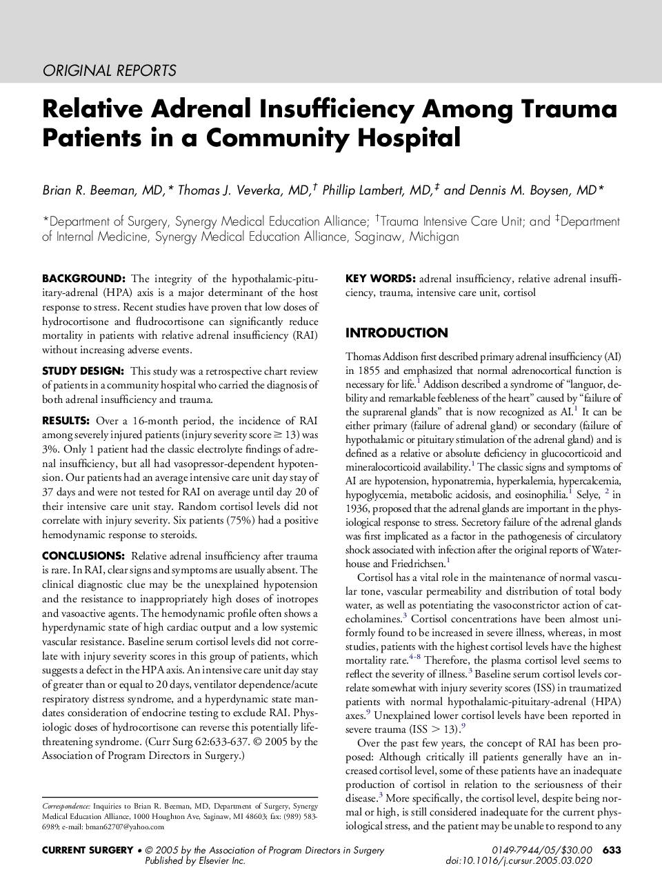 Relative Adrenal Insufficiency Among Trauma Patients in a Community Hospital