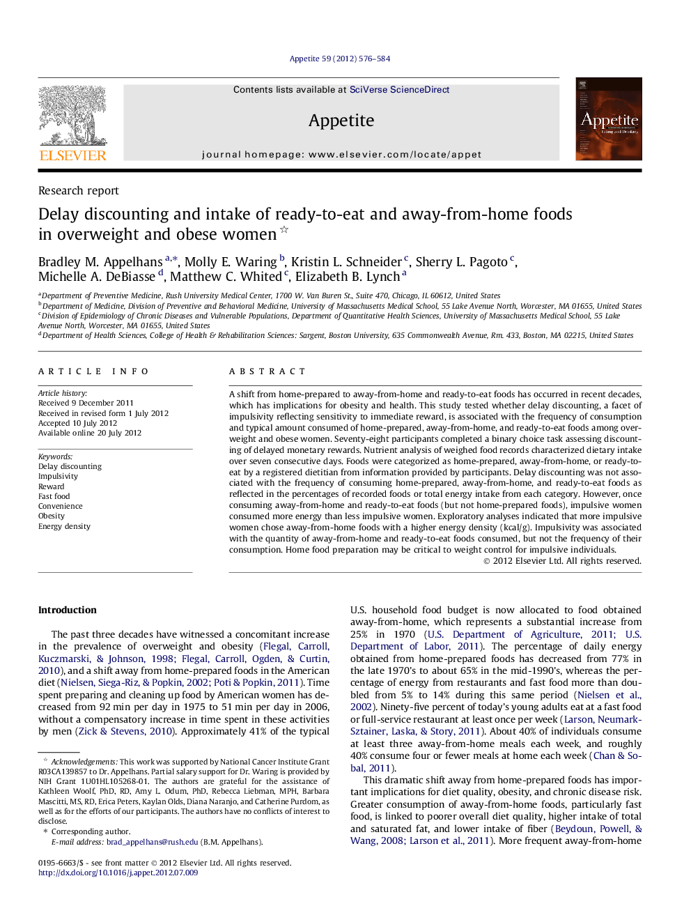 Delay discounting and intake of ready-to-eat and away-from-home foods in overweight and obese women 