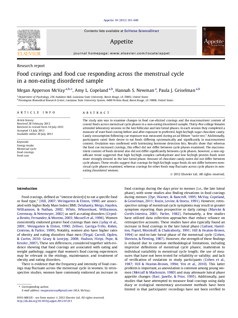 Food cravings and food cue responding across the menstrual cycle in a non-eating disordered sample