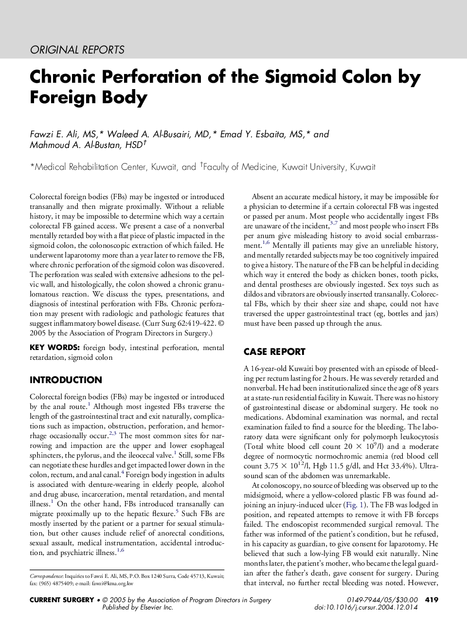 Chronic Perforation of the Sigmoid Colon by Foreign Body