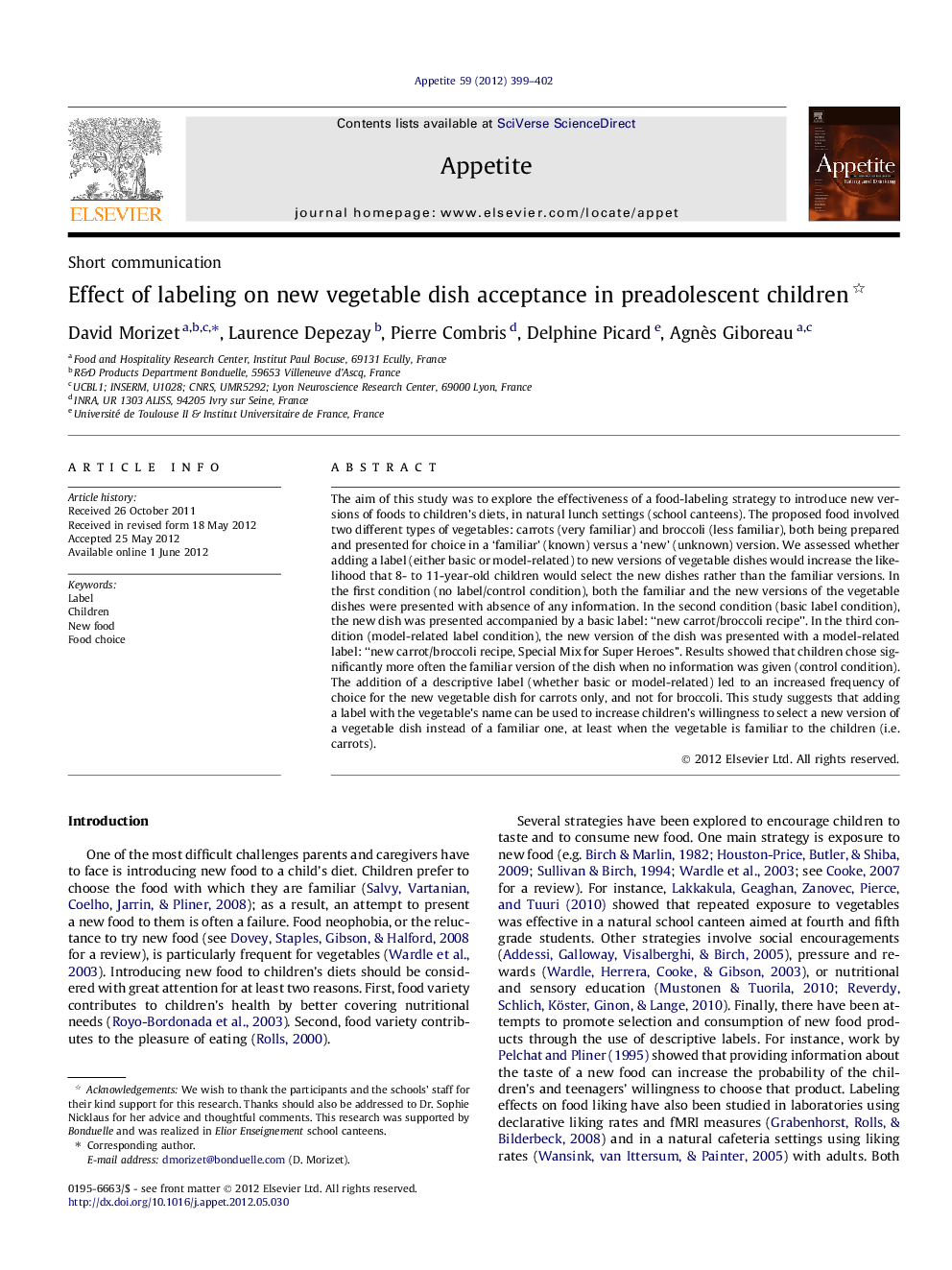 Effect of labeling on new vegetable dish acceptance in preadolescent children 