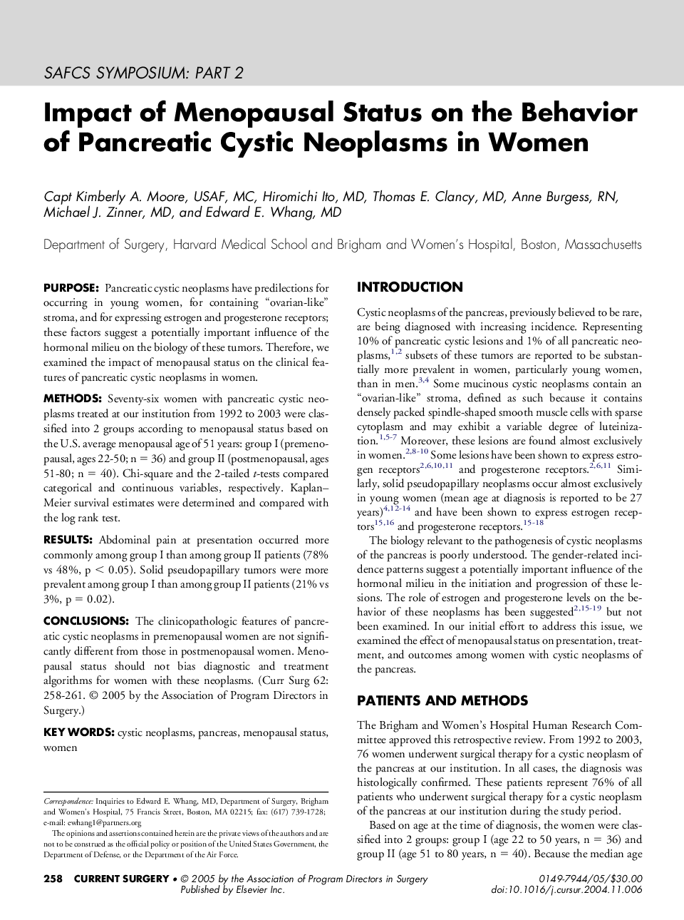 Impact of menopausal status on the behavior of pancreatic cystic neoplasms in women