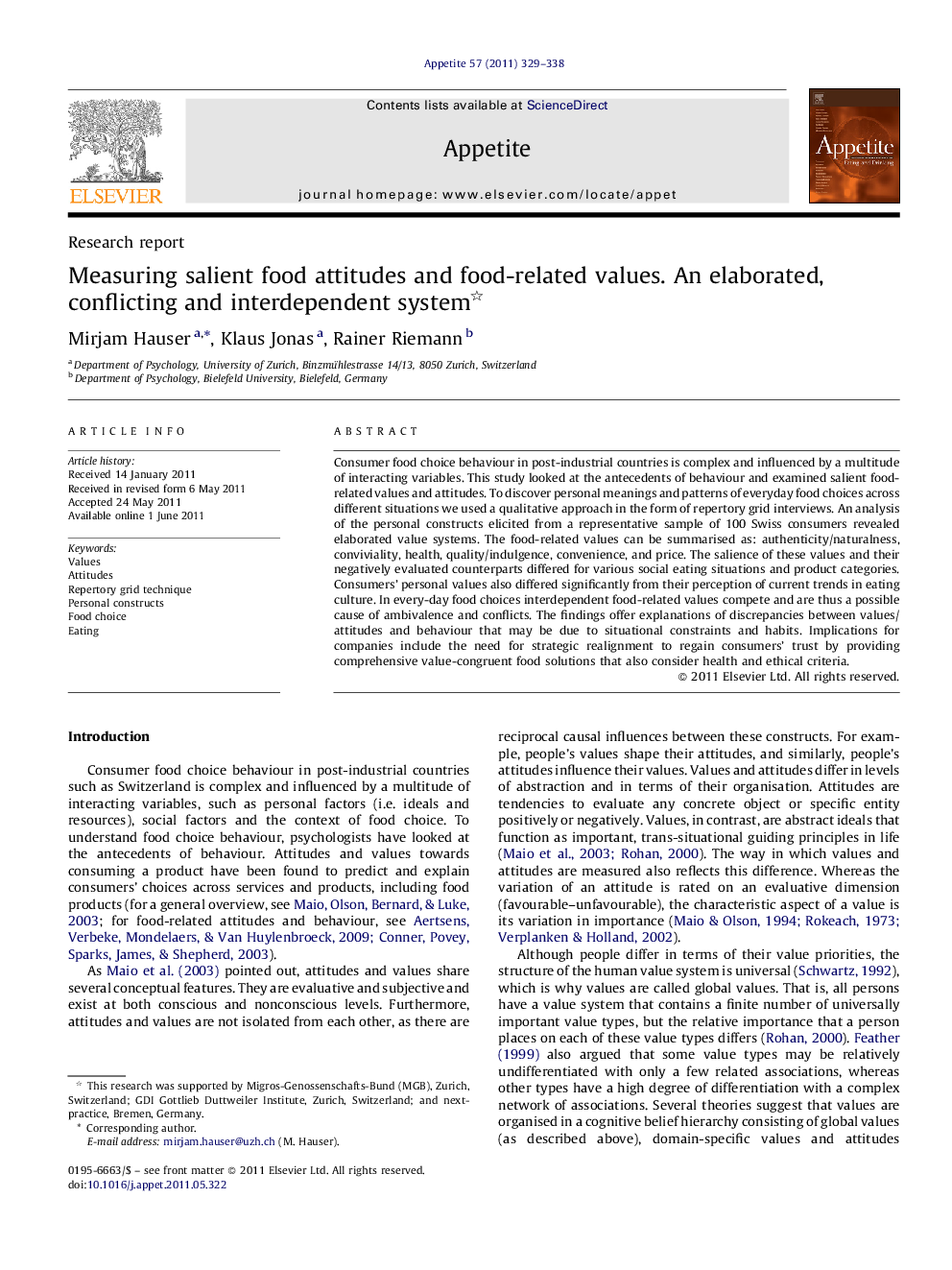 عکس صفحه اول مقاله: Measuring salient food attitudes and food-related values. An elaborated, conflicting and interdependent system Measuring salient food attitudes and food-related values. An elaborated, conflicting and interdependent system