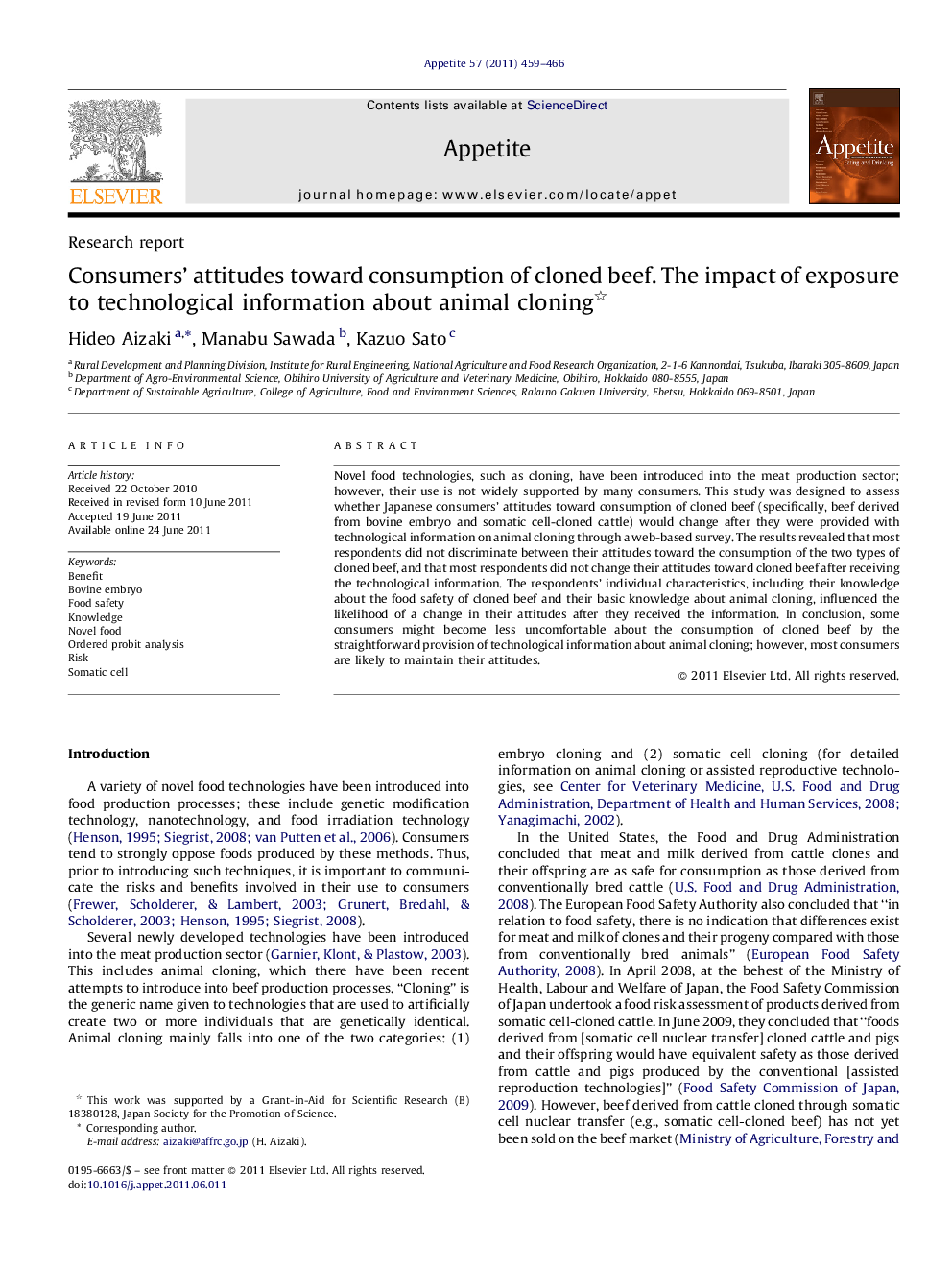 Consumers’ attitudes toward consumption of cloned beef. The impact of exposure to technological information about animal cloning 