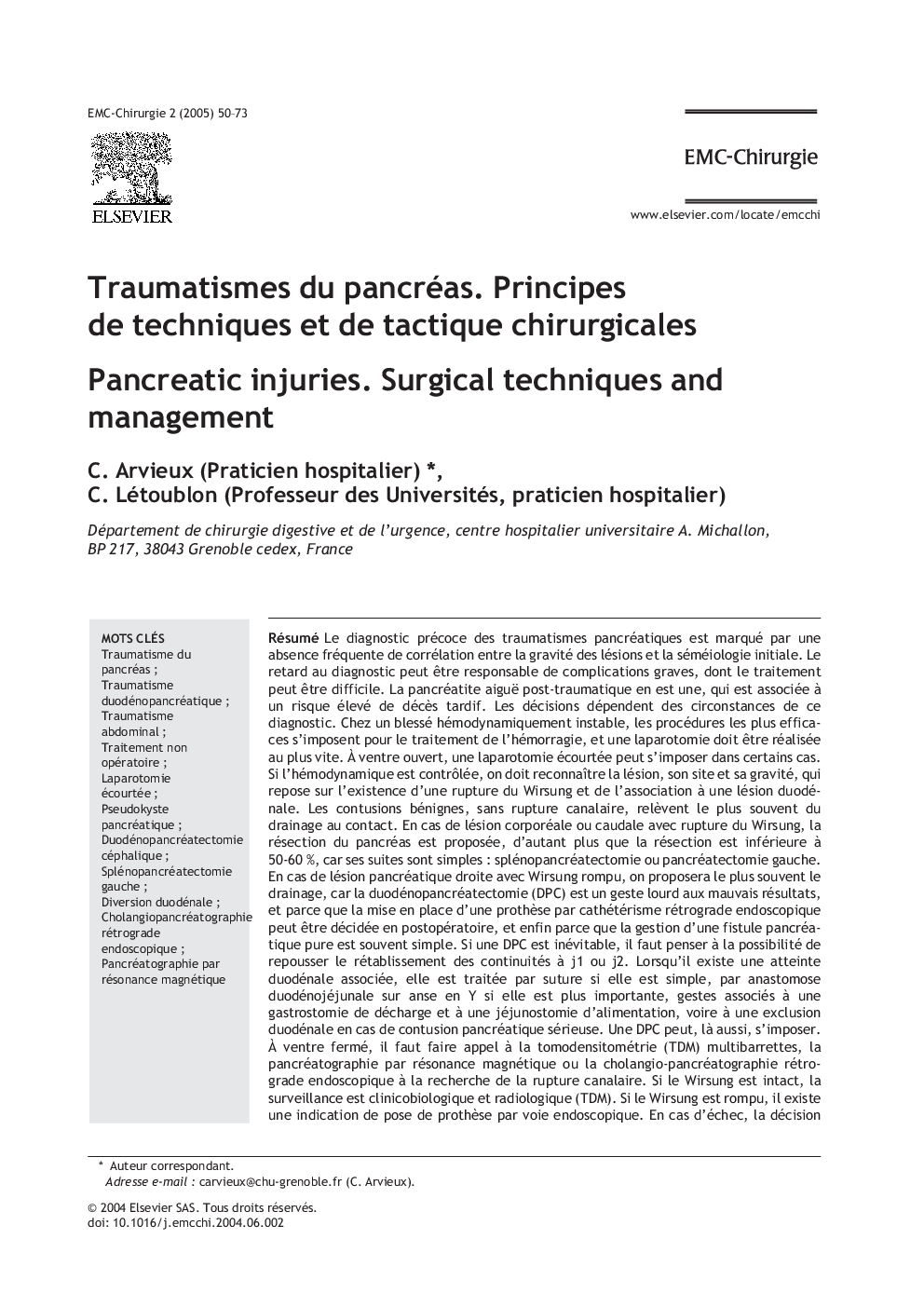 Traumatismes du pancréas. Principes de techniques et de tactique chirurgicales