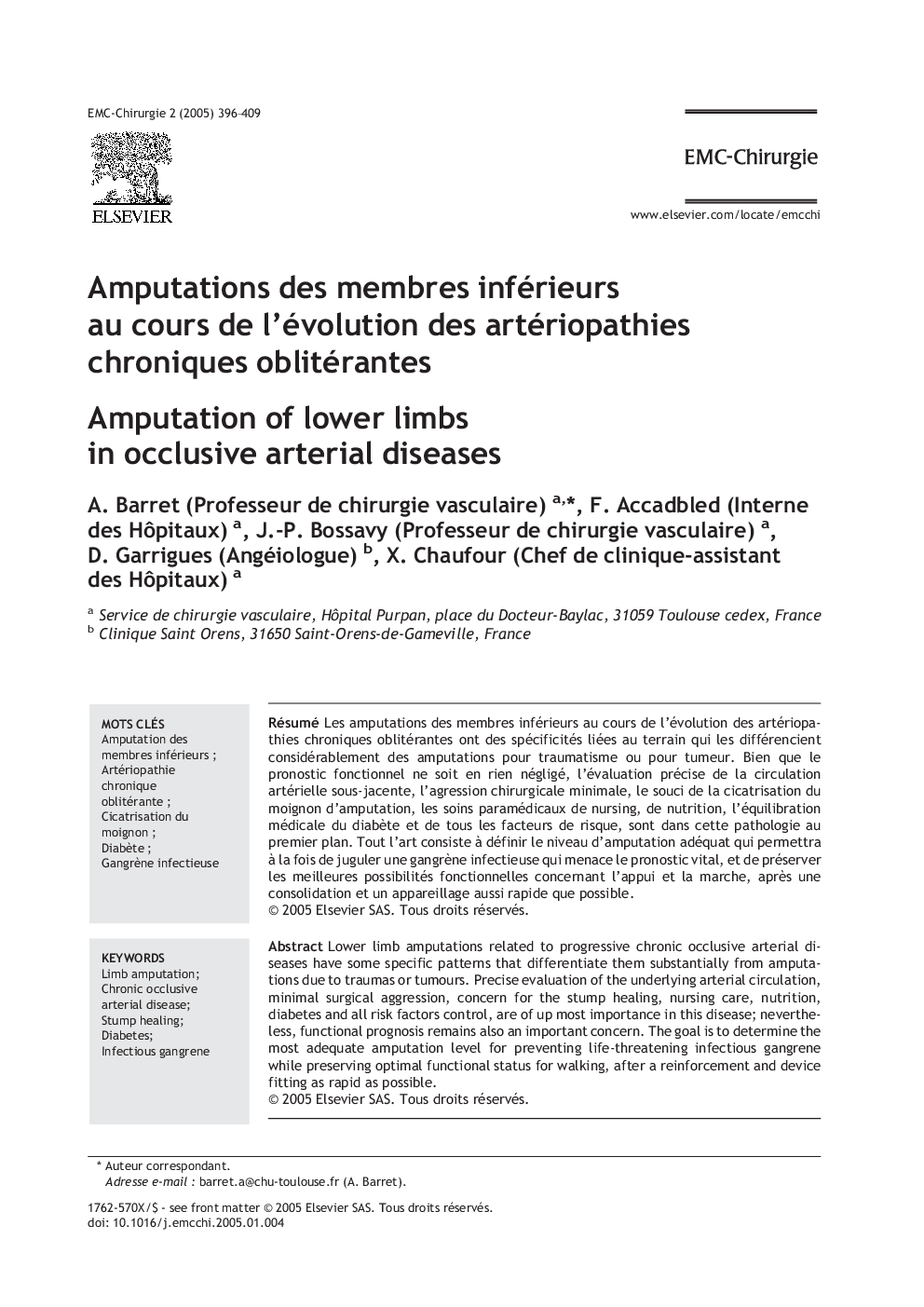 Amputations des membres inférieurs au cours de l'évolution des artériopathies chroniques oblitérantes