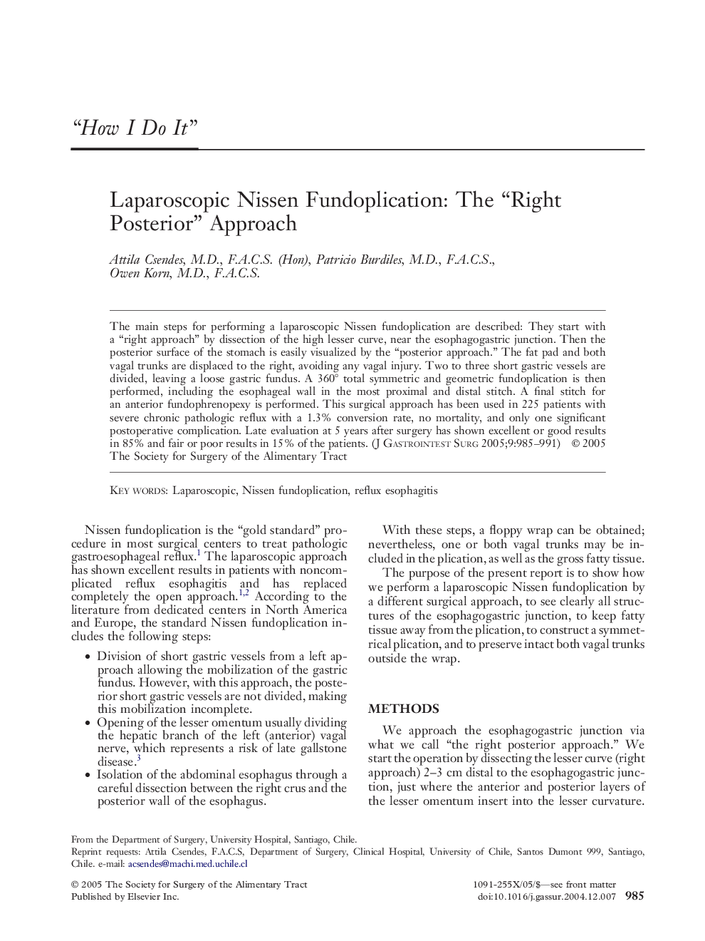 Laparoscopic Nissen Fundoplication: The “Right Posterior” Approach