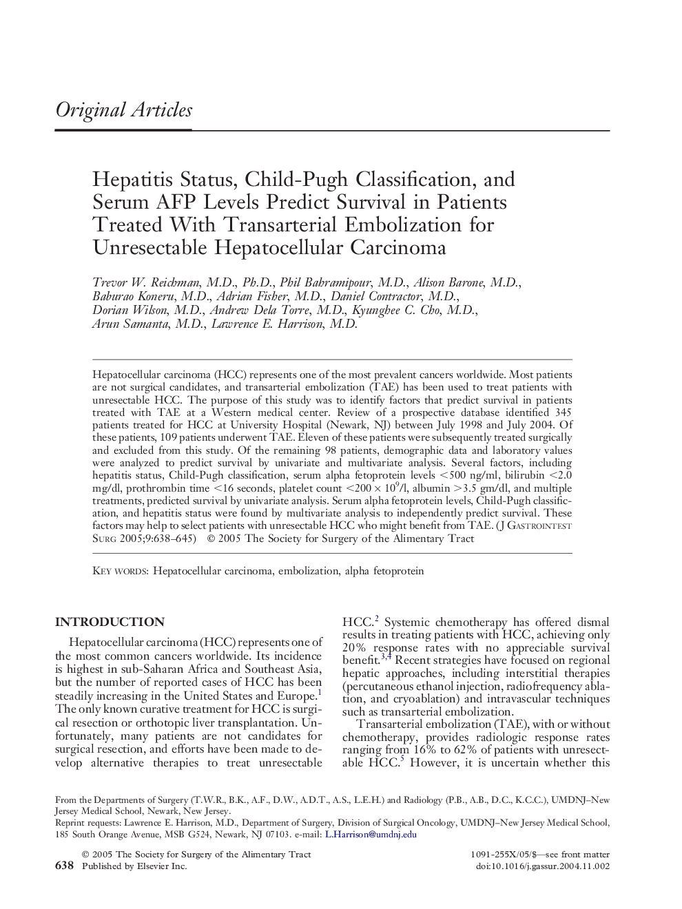 Hepatitis Status, Child-Pugh Classification, and Serum AFP Levels Predict Survival in Patients Treated With Transarterial Embolization for Unresectable Hepatocellular Carcinoma